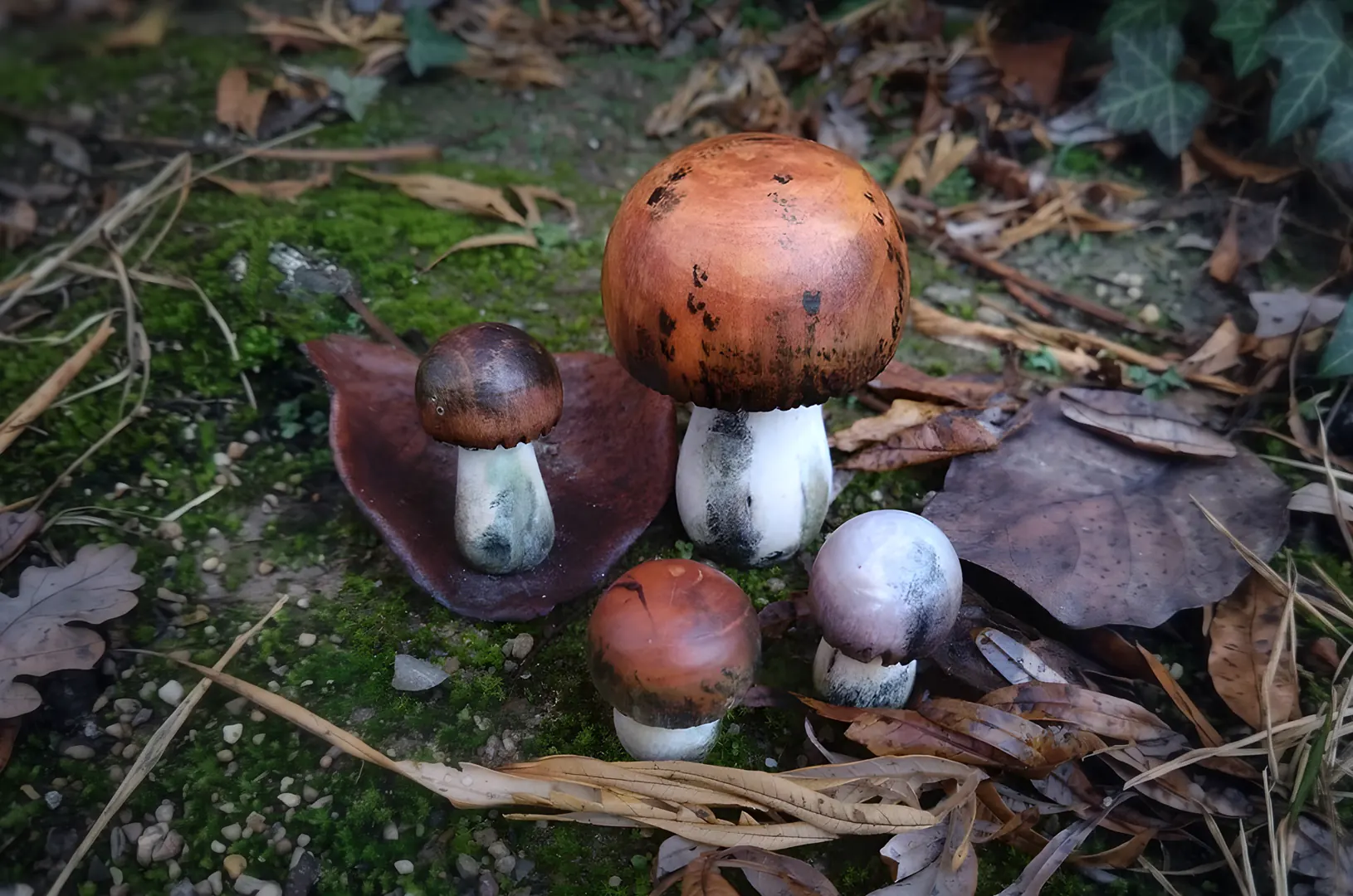 Set van handgemaakte houten paddenstoelen in verschillende afmetingen. Natuurgetrouw beschilderd en ideaal als sfeervolle herfstdecoratie op de seizoenstafel of als open-einde speelgoed.