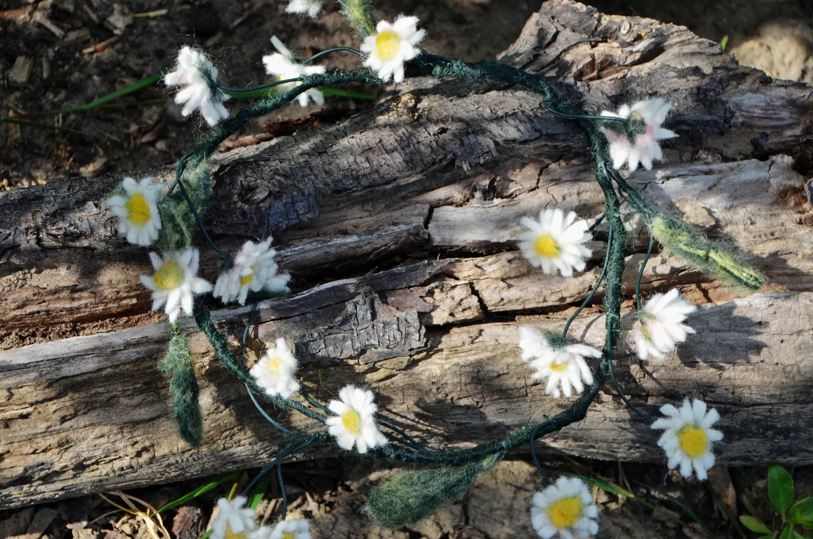 Handgemaakte vilten madeliefjeskrans op oude boomschors, sfeervol uitgelicht door gefilterd zonlicht. Dit pure, lichtgewicht bloemensieraad roept direct het magische gevoel op van feestelijke en lange zomeravonden.