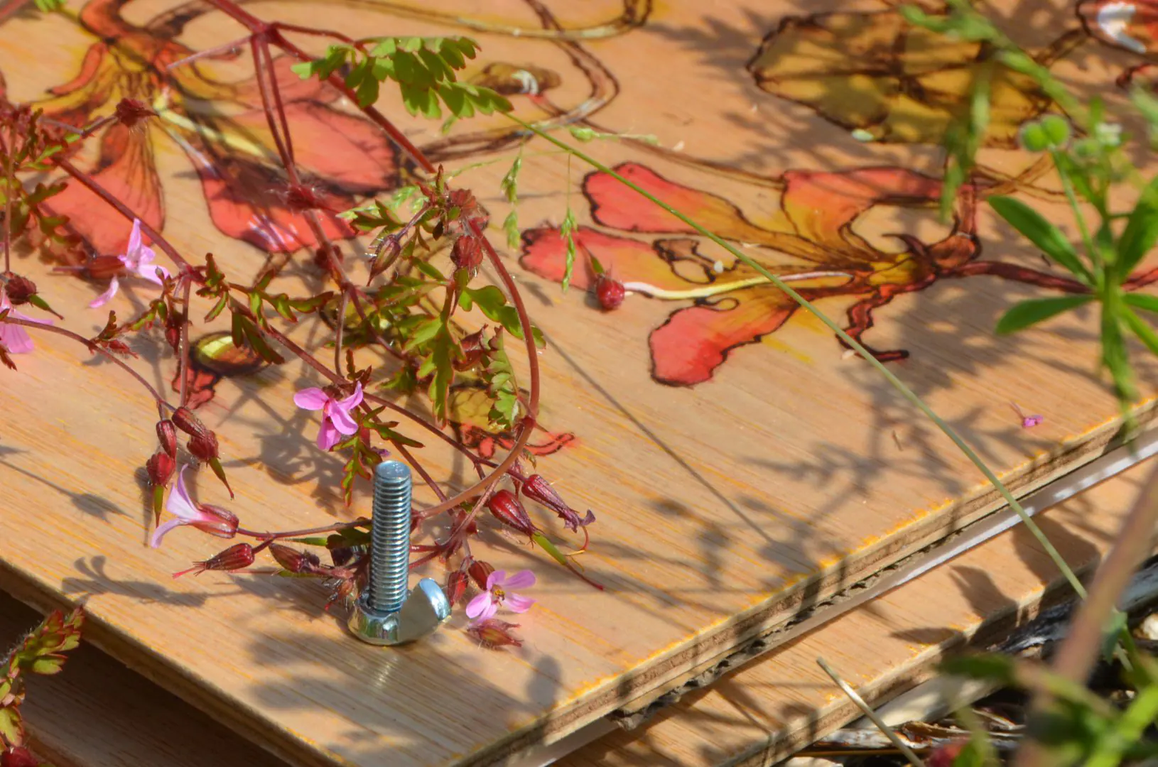 Een houten bloemenpers met Oost-Indische kers, even rustend in de weelderige pluktuin tijdens het verzamelen. Het warme, gouden avondlicht laat de kleuren van dit handgeschilderde object prachtig tot leven komen.